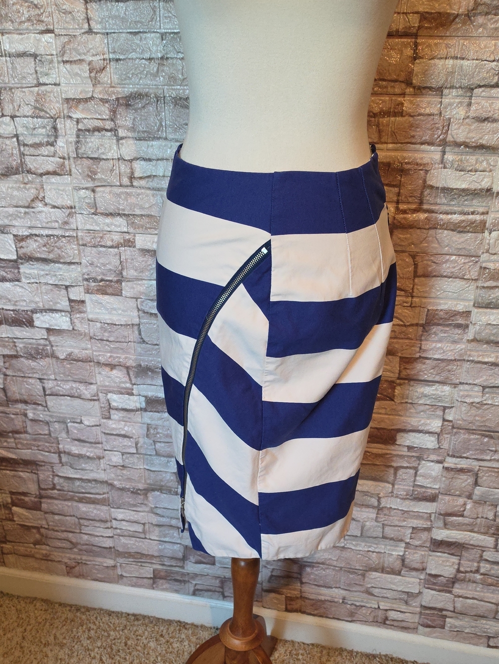 Express Striped Navy and White Pencil Skirt with Side Zip